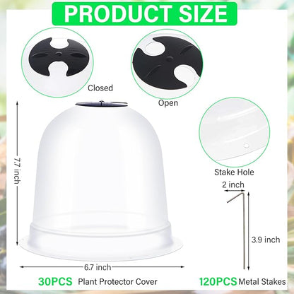 Zopeal 30 Pcs Small Garden Cloche Humidity Plant Dome 7.68'' Dia x 6.7'' H Reusable Thick Garden Protector Bell Covers Clear Plastic Dome Mini Greenhouses with 80 Securing Pegs for Winter Outdoor Seed