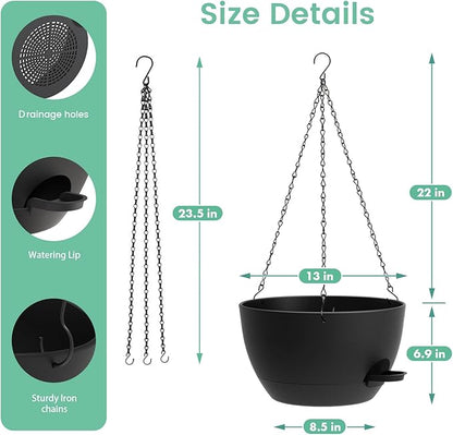 13 Inch 2 Pack Large Self Watering Hanging Planters for Indoor Outdoor Plants, Hanging Plant Pots with Removable 50 Oz Reservoir, Plastic Hanging Basket for Window Porch Garden Balcony, Black