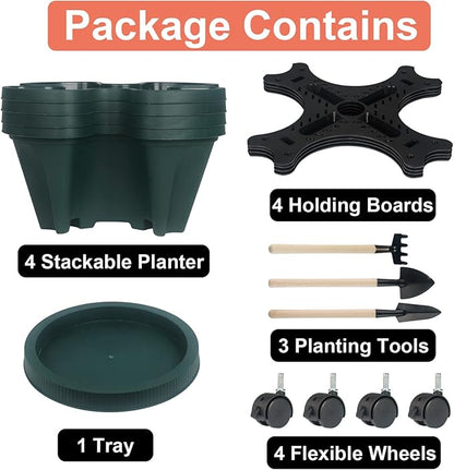 DUNCHATY Stackable Planter, Vertical Garden Planter with Wheels and Tools, Self Watering Strawberry Planter Indoor/Outdoor 4 Tier Herb Planter Pots for Growing Vegetables and Succulents,Pine Green