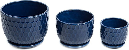 Ceramic Flower Pots with Drainage Hole and Saucer, North European Style Round Indoor Succulent Planters with Honeycomb Inspired Texture Design, Small to Medium-Sized, Set of 3, Navy Blue