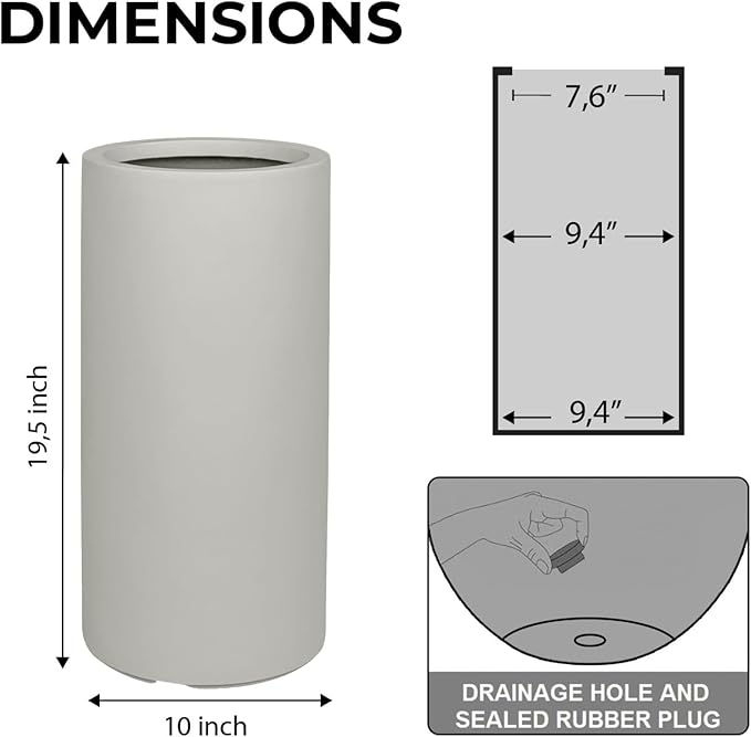 19.5" H x 9.8" D Tubo Fiberstone Cylinder Tall Planter with Drainage Hole, Smooth Finishes, Weather Resistant, Included 2 Extra Coco Mats (Light French Gray, 8.2" Pot Opening)
