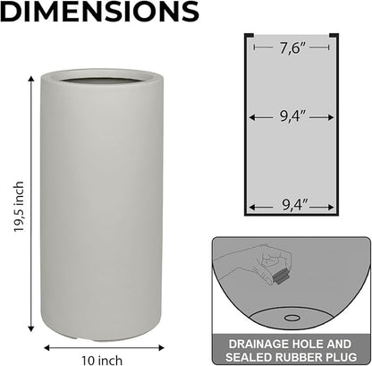 19.5" H x 9.8" D Tubo Fiberstone Cylinder Tall Planter with Drainage Hole, Smooth Finishes, Weather Resistant, Included 2 Extra Coco Mats (Light French Gray, 8.2" Pot Opening)