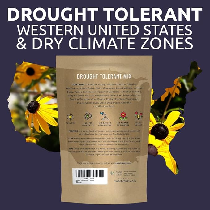 Drought Tolerant Wildflowers Mix – Bulk 1 Pound Bag – Over 120,000 Open Pollinated Non-GMO Seeds – 21 Different Dryland Species