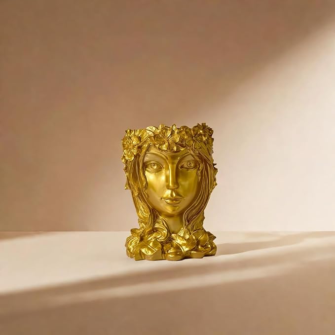 Face Flower Pot Head Planter with Drainage Hole - Cute Resin Goddess Face Planter for Indoor & Outdoor Use (Goddess Golden, Large)