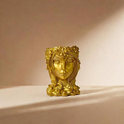 Face Flower Pot Head Planter with Drainage Hole - Cute Resin Goddess Face Planter for Indoor & Outdoor Use (Goddess Golden, Large)
