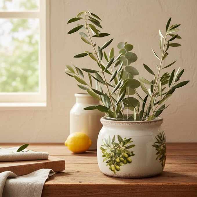 Flower Pots, Vintage Ceramic Planters for Indoor Plants, 6.29'' Plant Pots with Drainage, French Country Lavender Vase & Planters, Antique Home Room Decor, Olive Green