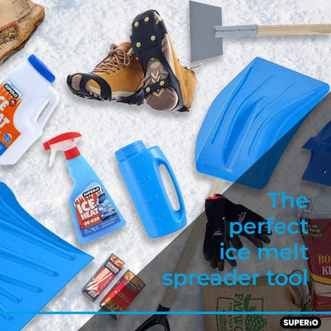 Superio Ice Melt Salt Spreader Handheld Shaker for Lawn Seed, Salt, Ice Melt, Calcium, Deicer Shaker 2 Liter, Adjustable Hole Size, Handy for Fertilizer Lawn Seed Salt to Deice (Blue 2-Pack)