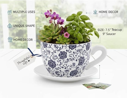 7.5" Ceramic Teacup Planter Pot with Saucer | Ideal for Succulents, Orchids, Herbs & Flowers | Indoor Use| Gift for Valentine's Day, Gift Basket, Sympathy & More – White Blue Floral