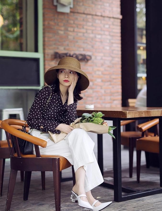 Wide-Brim Classic Elegant Style Foldable Straw Hat Women's Retro UV Resistant Sun Hats for Outdoor, Beach and Travel