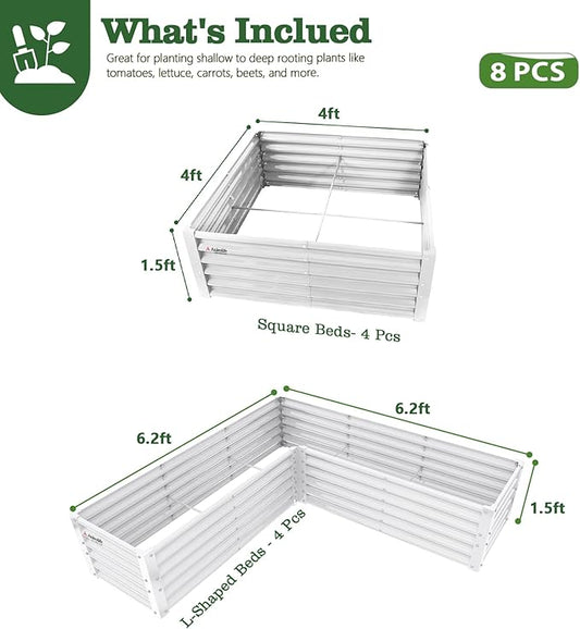 A ANLEOLIFE 8-Piece 18 Inch Tall Antique White Raised Garden Beds Kit, L-Shaped & Square Metal Planters – Ideal for Structured Backyard Layouts