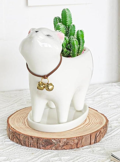Ceramic Succulent Plant Pot Cactus Plant Pot Flower Pot Container Planter with Drainage Hole Home Office Desk Garden Gift Idea Animal Shaped Flower Pot Cute Vase Pot (White Cat)