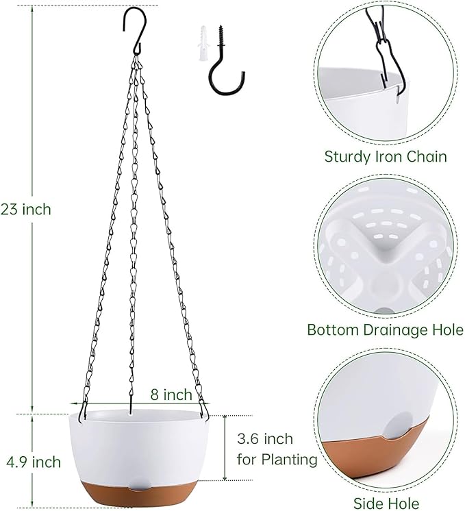 Hanging Planters for Indoor Plants, Set of 2 8/10 Inch Self-Watering Hanging Pots with Drainage Hole & Removable Water-Storage Tray II Screw-in Hooks II