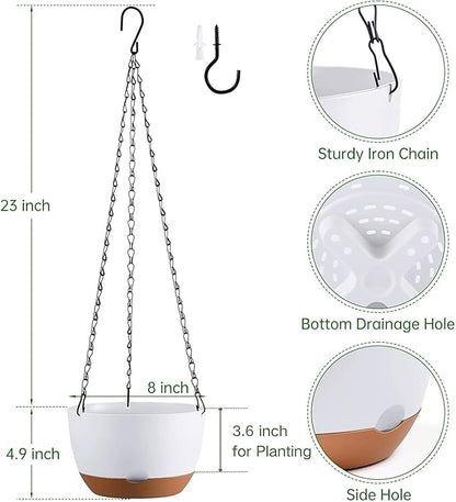 Hanging Planters for Indoor Plants, Set of 2 8/10 Inch Self-Watering Hanging Pots with Drainage Hole & Removable Water-Storage Tray II Screw-in Hooks II