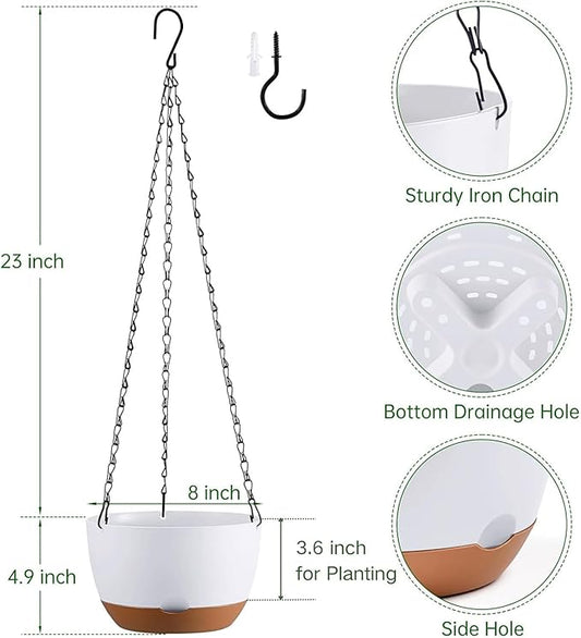 Hanging Planters for Indoor Plants, Set of 2 8/10 Inch Self-Watering Hanging Pots with Drainage Hole & Removable Water-Storage Tray II Screw-in Hooks II
