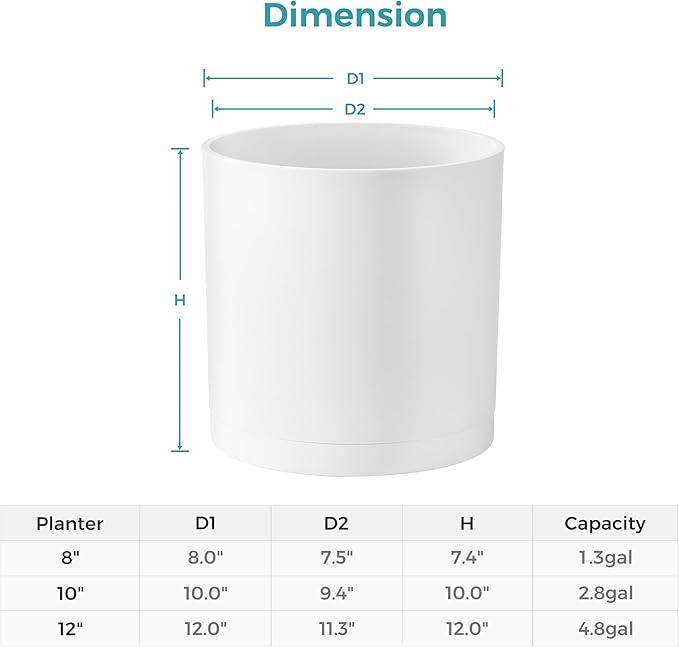 FaithLand 10-Inch Modern Cylinder Planter, Thick-Walled Plastic Plant Pot with Drainage Holes and Detachable Saucer, Matte White, Ideal for Indoor & Outdoor Plants Flowers