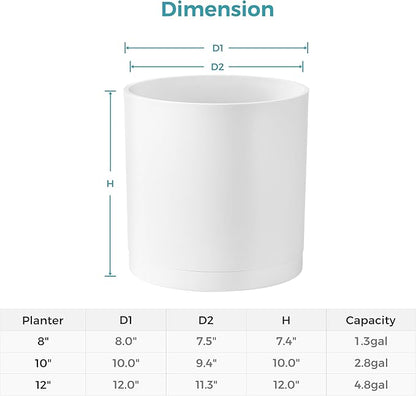 FaithLand 10-Inch Modern Cylinder Planter, Thick-Walled Plastic Plant Pot with Drainage Holes and Detachable Saucer, Matte White, Ideal for Indoor & Outdoor Plants Flowers