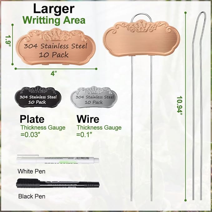 30 PacksTCYPUHL Metal Plant Labels, Tall Outdoor Garden Markers for Flowers, Fruits and Vegetables, 304 Stainless Steel Weatherproof Signs (4" x 1.9", Silver, Black and Gold)