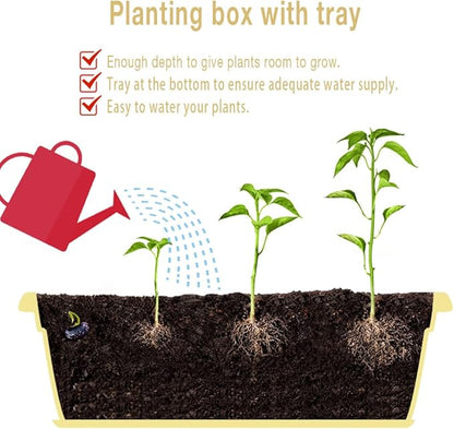 HOXHA 6 Pack Window Box Planter, 17 Inches Vegetable Flower Plastic Planter Boxes with Tray, Rectangular Planter Indoor and Outdoor Flower Pots for Windowsill, Patio, Porch, Garden Balcony, Yellow