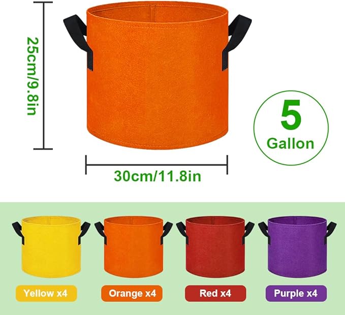 5 Gallon Grow Bags 16 Pack Multicolor Fabric Plant Pots with Handles Nonwoven Potato Grow Bags Plant Growing Containers Bag for Garden Fruit Vegetable Flower(Orange+Red+Yellow+Purple)