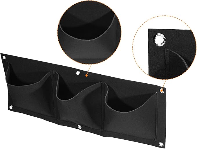 MECCANIXITY Vertical Hanging Grow Bag with 3 Pockets, Wall Mounted Felt Fabric Flowerpot Bag Plant Container for Garden Home Decoration, Black
