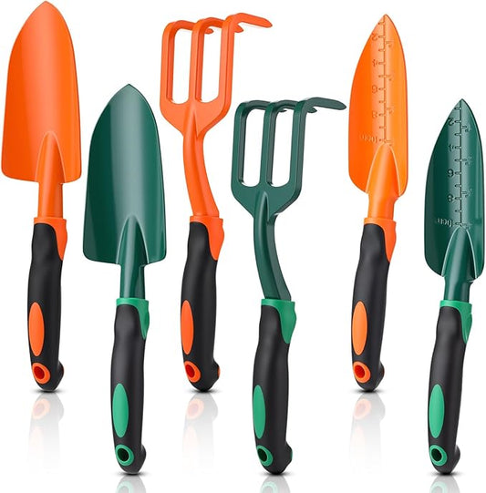 6 Pcs Colorful Garden Tools Set Heavy Duty Gardening Tools Set Include Garden Shovel Transplant Trowel and Hand Rake with Ergonomic Handle Aluminum Alloy Lawn for Planting Gifts Men Women