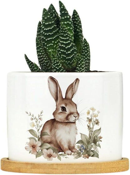 DreamAutumn Watercolor Easter Bunny Ceramic Pots for Plants with Drainage Holes Round Flower Pot Bamboo Tray Orchid Pot Succulents Pots for Outdoor Indoor Plants