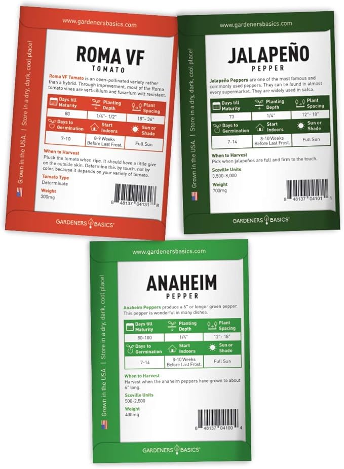 Gardeners Basics, Heirloom Salsa Growing Seed Packets, Roma VF Tomato, Jalapeno, Cilantro, Anaheim and Onion Seeds for Garden Non GMO 5 Free Plant Markers