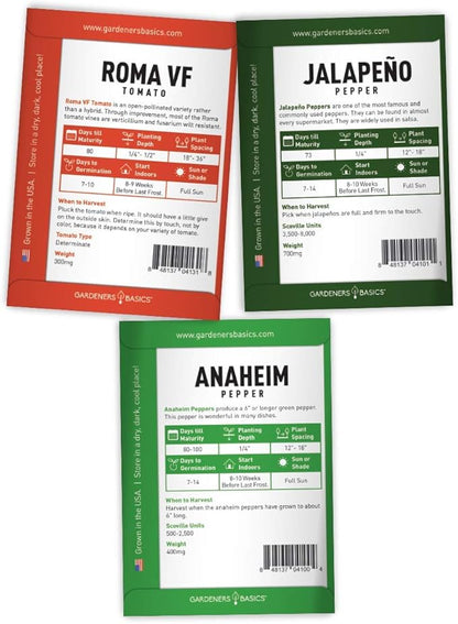 Gardeners Basics, Heirloom Salsa Growing Seed Packets, Roma VF Tomato, Jalapeno, Cilantro, Anaheim and Onion Seeds for Garden Non GMO 5 Free Plant Markers
