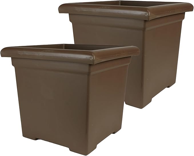 The HC Companies 12.5 Inch Accent Square Plant Pots with Drainage, Lightweight UV-Resistant Plastic Planters for Indoor & Outdoor Plants, 2-Pack Flower Pots for Garden, Office & Home Decor, Chocolate