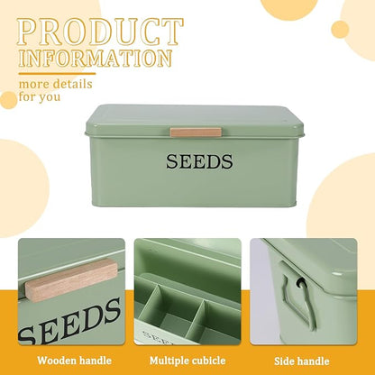 Seed Storage Organizer with 4 Dividers,Metal Seed Saving Box with Lid, Seeds Bin Storage Container Kit with 2 Pens,20 Plant Labels and 50 Seeds Envelopes, Perfect for Flower Plants Garden