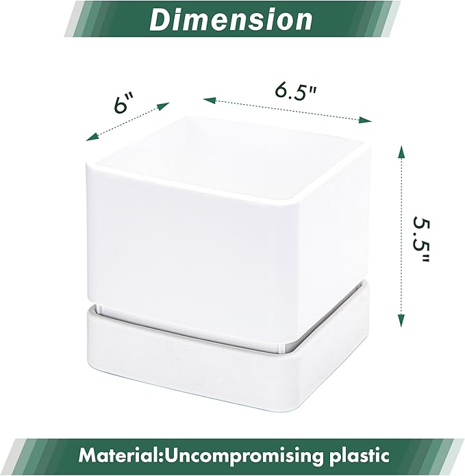 D'vine Dev 6 Inch Herb Planter Pot, Plastic Planter with Drainage Holes and Saucer, Modern Decorative Gardening Pot for Indoor Plants, Flowers, Herbs, Succulents, White, Set of 1, 76-Y-A1-2
