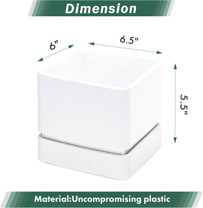 D'vine Dev 6 Inch Herb Planter Pot, Plastic Planter with Drainage Holes and Saucer, Modern Decorative Gardening Pot for Indoor Plants, Flowers, Herbs, Succulents, White, Set of 1, 76-Y-A1-2