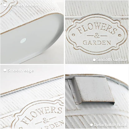 3 Pack Metal Railing Planters, 10.5" Oval Hanging Flower Pots with Detachable Hooks & Drainage Holes, Fits Rails up to 2.36", Galvanized Iron Fence Bucket for Balcony Garden Patio - Letter White
