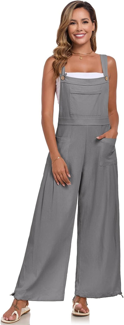 ALSOGO Womens Wide Leg Overalls Loose Beach Vacation Outfits Jumpsuits 2025 Causal Sleeveless Rompers with Pockets