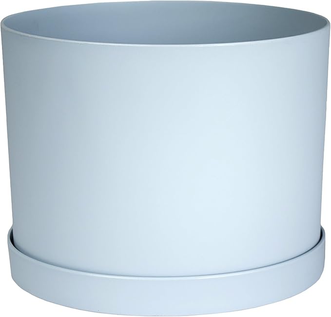 Bloem Mathers 8" Misty Blue Round Modern Resin Garden Planter Pot with Drainage Holes and Removable Saucer Tray Included
