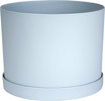 Bloem Mathers 8" Misty Blue Round Modern Resin Garden Planter Pot with Drainage Holes and Removable Saucer Tray Included