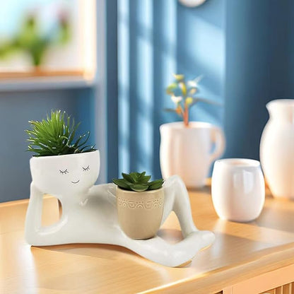 Lazy Guy Planter - Funny Smiling Face Resin Flower Pot with Double Drainage Hole, Cute Lying Down Figure Succulent & Cactus Planter, Unique Home Garden Decor Gift for Family & Friends