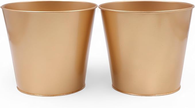Hosley Set of 2 Gold Bucket/Pots with PVC Liner, 6.5" Dia x 6" H Ideal Gift for Floral Arrangements Wedding Home Office Party DIY Indoor Outdoor Garden Patio