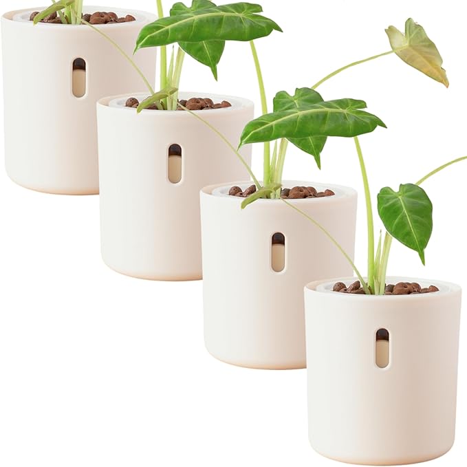 Self Watering Pot for Leca and Pon, Semi Hydroponic Planter for Indoor Plants, Clear Inner Pot & Water Level Indicator (Cream (4-Pack), 4 inch)