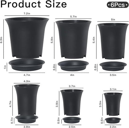 Planter Pot Sets, 6 Sizes Flower Pots with Drainage Holes and Saucers, Garden Plant Pots 3.1/3.7/4.3/4.9/5.7/7.2 Inches, for Home Garden Kitchen Decor (Dark Grey)