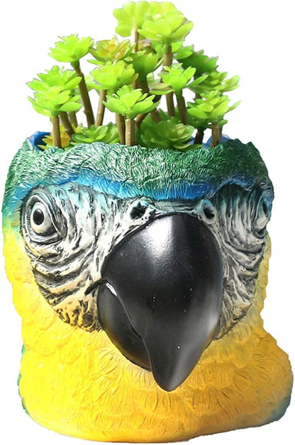 Funny Planter Head Planter with Drainage Hole Resin Plant Pot Pencil Holder Desk Storage(Parrot)