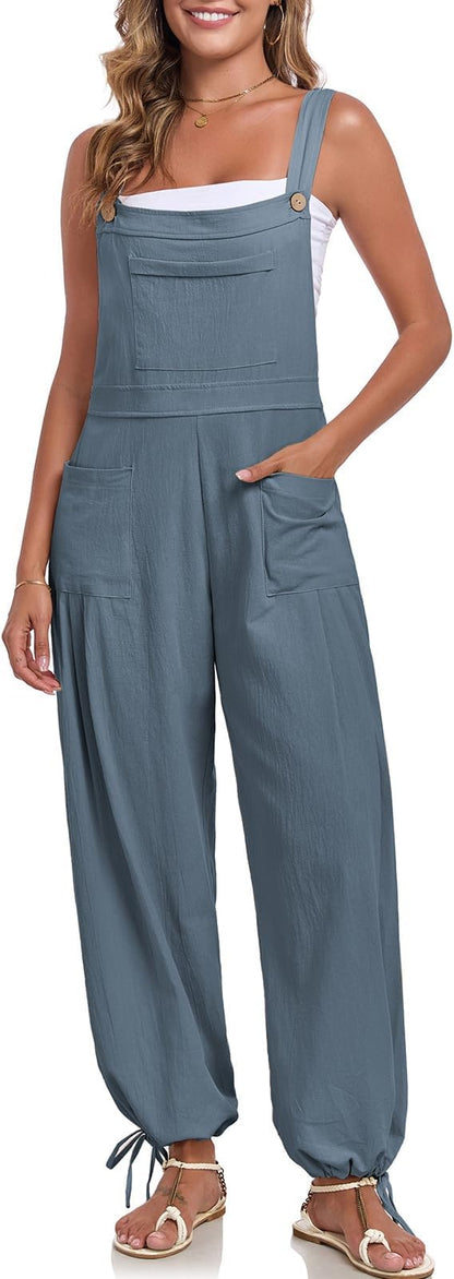 ALSOGO Womens Wide Leg Overalls Loose Beach Vacation Outfits Jumpsuits 2025 Causal Sleeveless Rompers with Pockets