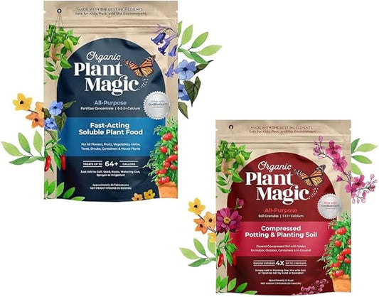 Organic Plant Magic - Fast Acting Soluble Plant Food All-Purpose Fertilizer Concentrate + Compressed Organic Potting Soil for Garden, Plants & Vegetables