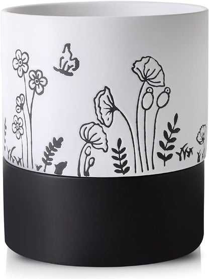 Nihow Self Watering Plant Pot: 6 Inch Ceramic Planter with Drainage Hole & Water Storage Plus for Indoor & Outdoor Plants - Cylinder Round Flower Pot for Succulent/Herbs/Violets -White