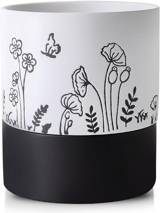 Nihow Self Watering Plant Pot: 6 Inch Ceramic Planter with Drainage Hole & Water Storage Plus for Indoor & Outdoor Plants - Cylinder Round Flower Pot for Succulent/Herbs/Violets -White