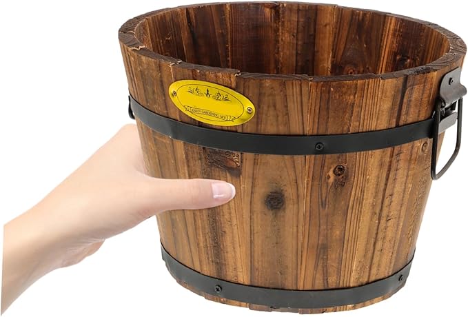DOITOOL Wooden Barrel Planter 10.2 Inch Round Whiskey Barrel Flower Pot Rustic Wooden Flower Bucket with Handle for Indoor Outdoor Garden Balcony