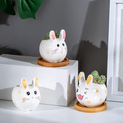 B SEPOR 3.6 inch Mini Pots for Small Succulant Plant Ceramic Animal Succulent Planter with Drainage and Bamboo Tray for Easter Bunny Rabbit Gift Lovers (Cute Bunnies)