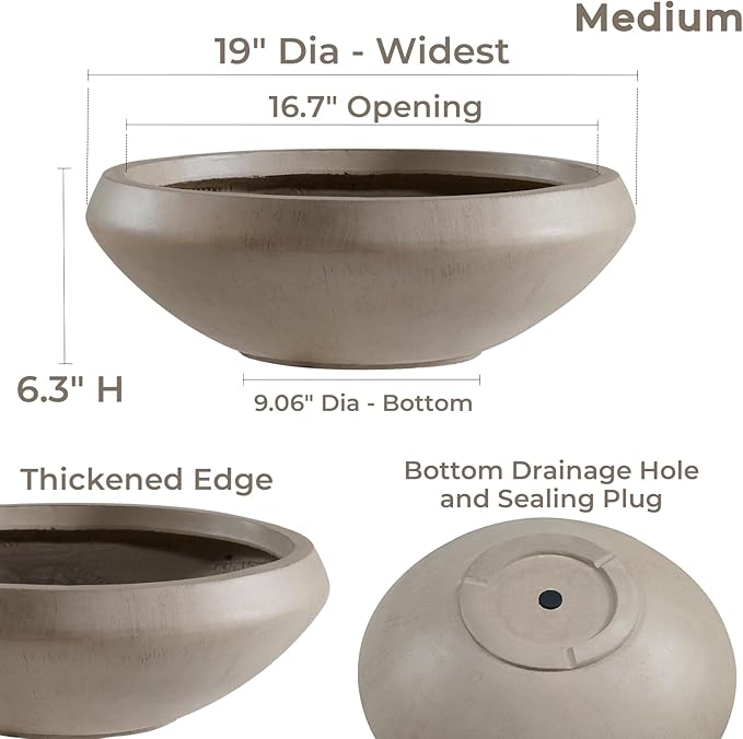 Bowl Planter 19" Dia x 6.3" H Large Succulent Pot with Drain Hole, 16.7" Opening Concrete Flowerpot for Indoor Outdoor Plants Herbs Bonsai, Round Planters for Home, Patio, Garden, Medium-Natural