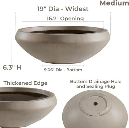 Bowl Planter 19" Dia x 6.3" H Large Succulent Pot with Drain Hole, 16.7" Opening Concrete Flowerpot for Indoor Outdoor Plants Herbs Bonsai, Round Planters for Home, Patio, Garden, Medium-Natural