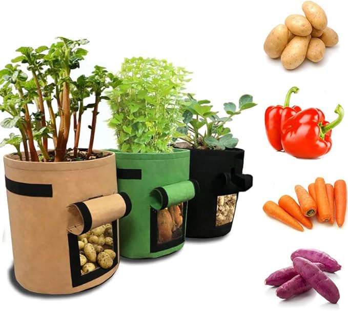 AA003-7 3-Pack 7 Gallon Potato Grow Bags，Garden Vegetable Planter with Handles，Grow Bags with Flap Plant Container Planter Pot for Potato Tomato and Vegetables ，Black, Beige and Green.